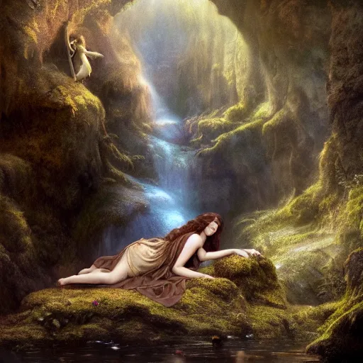 Image similar to a cinematic portrait of a romantic pre - raphaelite fairy angel with wings, sitting in a mystical waterfall cave, golden sunrays, matte painting, highly detailed, 8 k