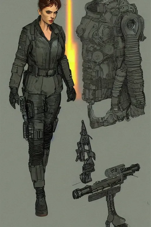 Prompt: selina. blackops spy in near future tactical gear, stealth suit, and cyberpunk headset. Blade Runner 2049. concept art by James Gurney and Mœbius.