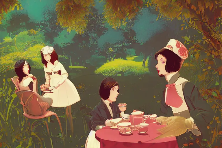 Prompt: tea time in wonderland by lewis carroll, digital illustration by ilya kuvshinov