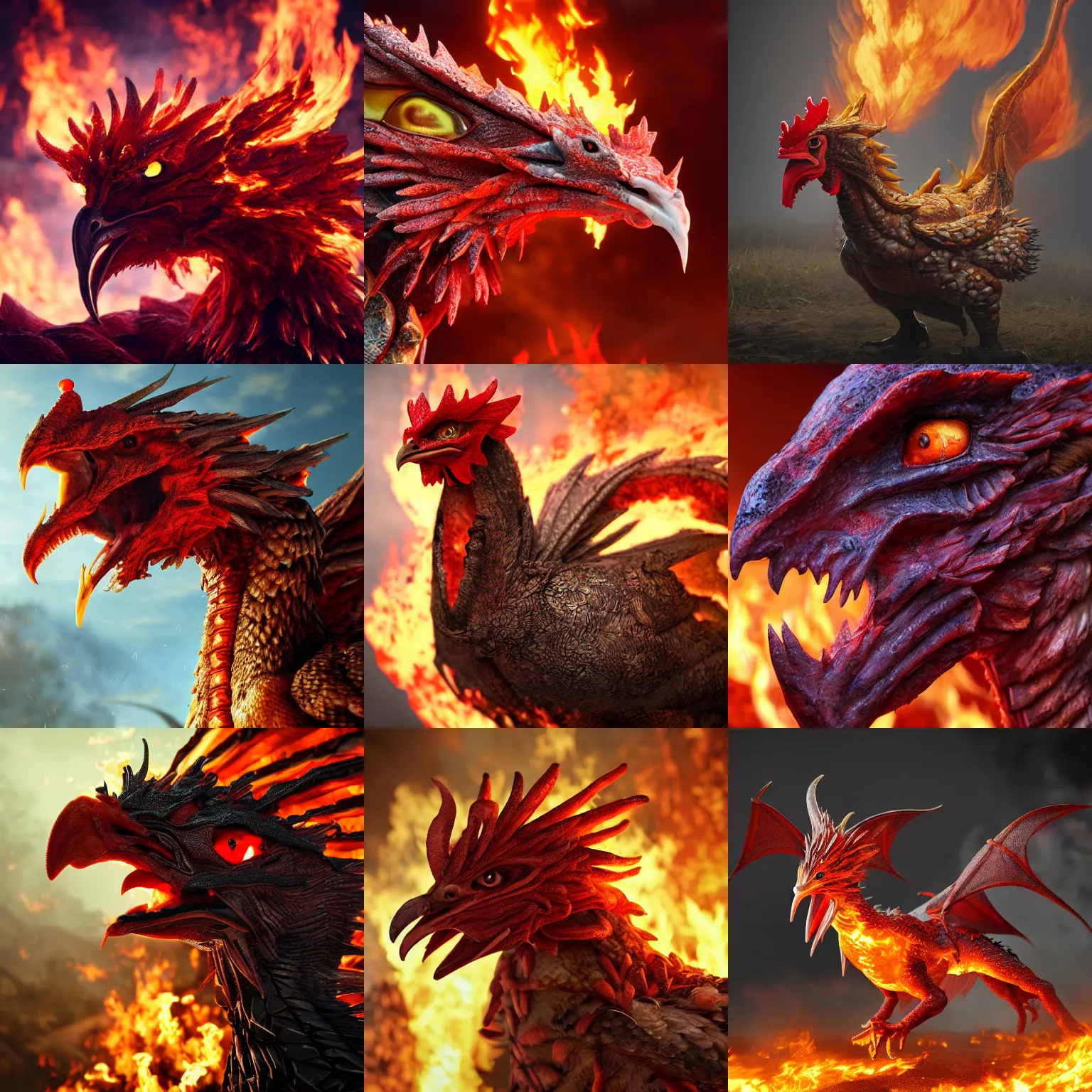 Prompt: a closeup photorealistic photograph of a chicken dragon from hell. professional capture, well lit shot. 4 k hd. fire and flames. trending on artstation, featured on behance, well - rendered, extra crisp, features intricate detail, epic composition and the style of unreal engine.