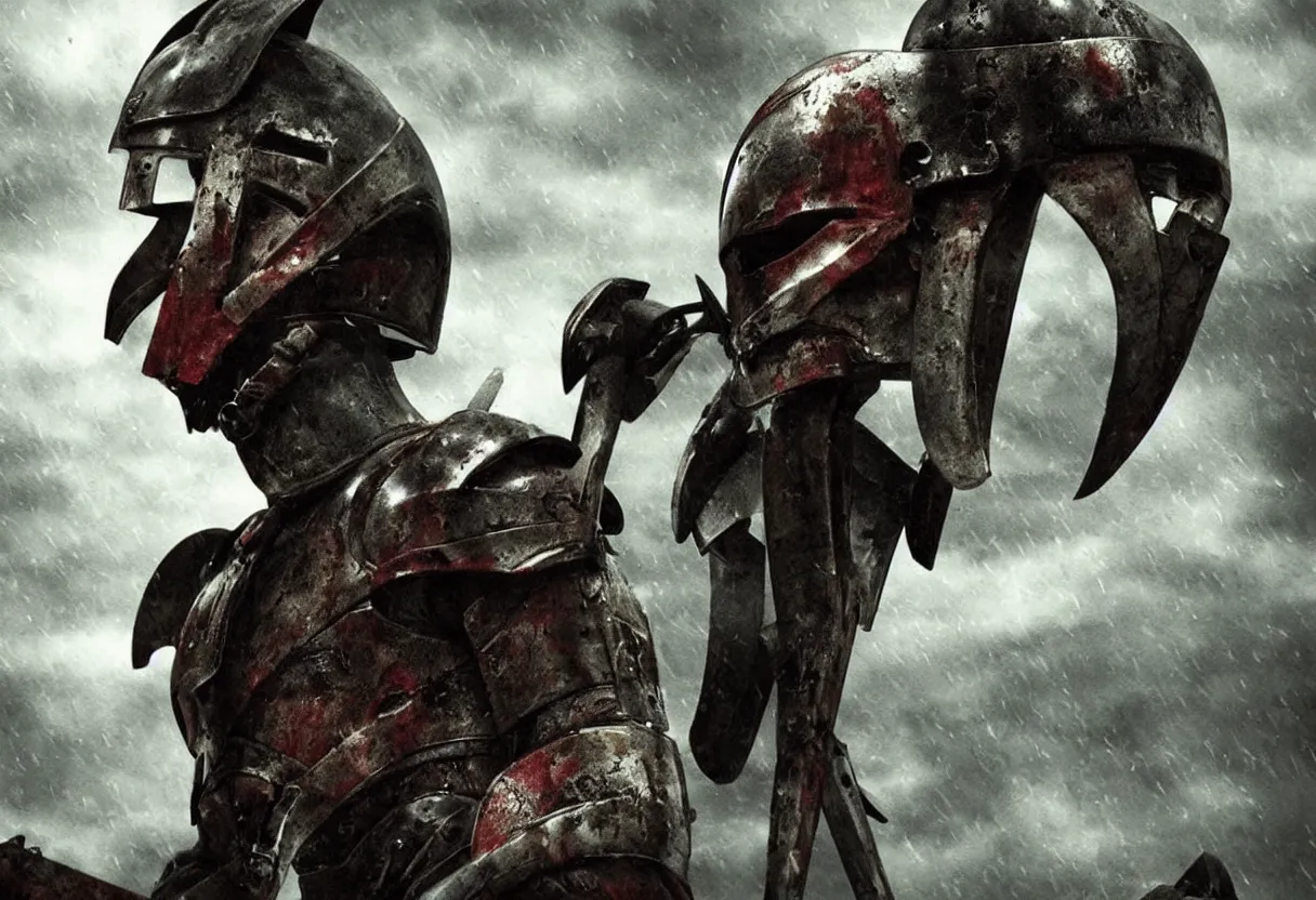 Prompt: leonidas 3 0 0 spartan zack snyder helmet battle scarred artwork strong soldiers battle large epic proportions background dark skies raining fire