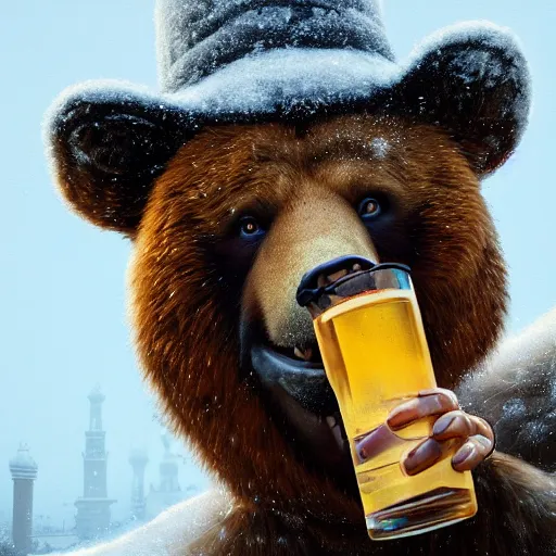 Image similar to close-up portrait of smiling brown bear holding bottle of vodka and in hat in winter at streets of Moscow, sharp focus, fantasy style, octane render, volumetric lighting, 8k high definition, by greg rutkowski, highly detailed, trending on art Station