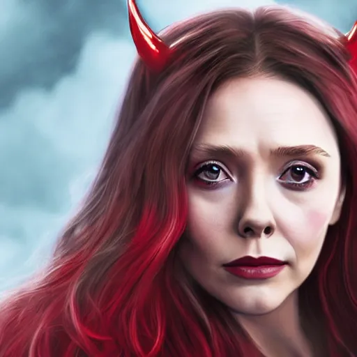 Image similar to A portrait of elizabeth Olsen as scarlet witch with horns, cinematic, digital art, amazing detail