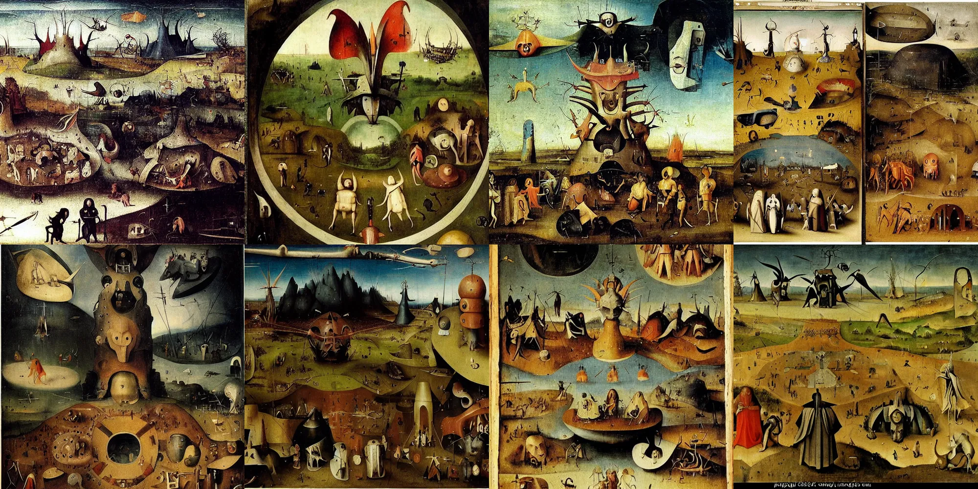 Prompt: epic cinematic saga about life and death. men and women, nature and machines, gods and animals - all meet here for love, war and oblivion., painted by Hieronymus Bosch