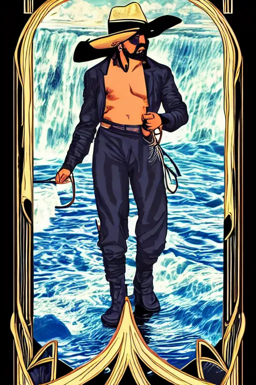 Prompt: a beautiful symmetrical tarot! card of a sultry handsome hispanic cowboy! in front of a torrential flooding river, homoerotic, white water rapids, art deco!, art nouveau, by Mark Maggiori, trending on artstation