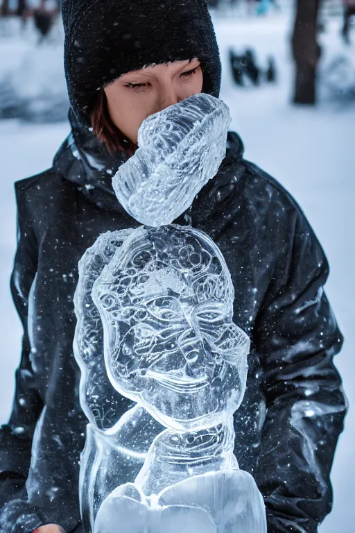 Prompt: transparent ice sculpture of hooligan in winter sportswear jacket, intricate sculpture, cold, winter, street photo