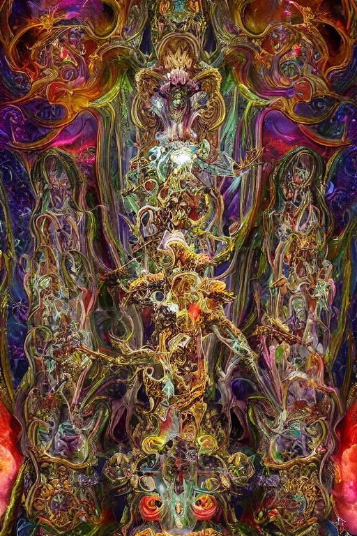 Prompt: intricately detailed terrifying entities made of soft translucent plastic and glowing cosmic nebulae in an ornate rococo cathedral, colorful modern style by Damien Hirst, Artstation