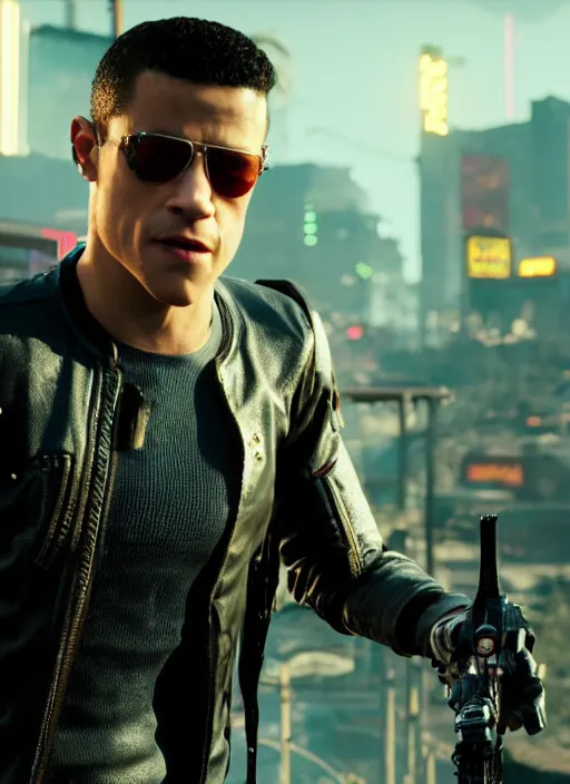 Prompt: film still of Rami Malek as Johnny Silverhand in Cyberpunk 2077, gameplay, 8k, HD