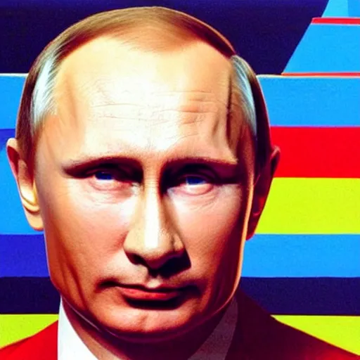 Image similar to portrait of Vladimir Putin looking very sly, bold 80's style, colourful, Memphis Group