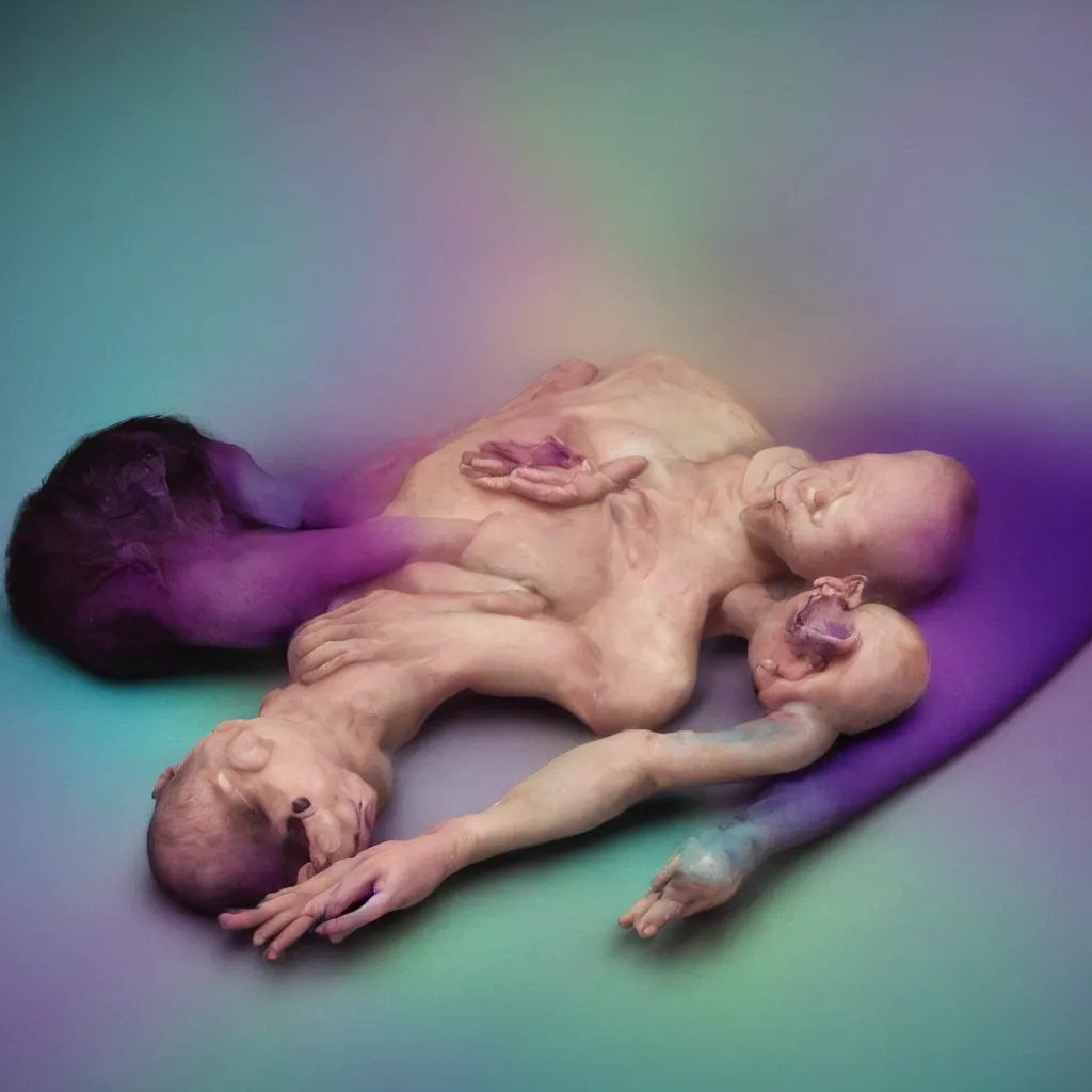 Image similar to cinestill of iridiscent oil with corpses connected by ethernet cables to wax technical forms to a buried baby relaxing on yoga mat, faded, iridiscent gradient, purple fog, depth of field, blur, very detailed, by nadav kander and hans bellmer, 8 k, ultrarealistic, sad atmosphere, cinematic, 8 5 mm lens