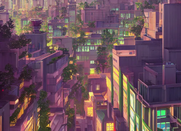 Image similar to digital illustration of walkable metropolis with renewable energy, rooftop gardens and beautiful manicured landscaping by makoto shinkai, ilya kuvshinov, lois van baarle, rossdraws, basquiat trending on artstation | cool color scheme