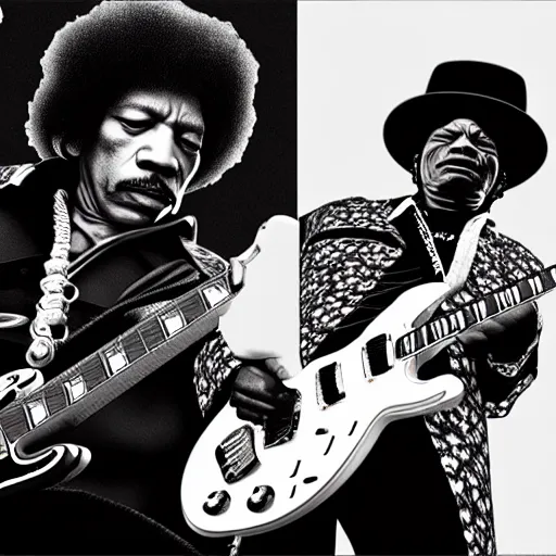 Image similar to photo of jimi hendrix and b. b king, with very highly detailed face, jamming with electric guitars. photorealistic, unreal engine 5, trending on artstation, 4 k, 8 k, uhd, beautiful, dramatic by steve mccurry