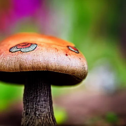 Image similar to macro photo with a mushroom character with cute eyes, very close to real nature, natural colors and natural surroundings, painted patterns and coloring on mushrooms, 8K, highly detailed