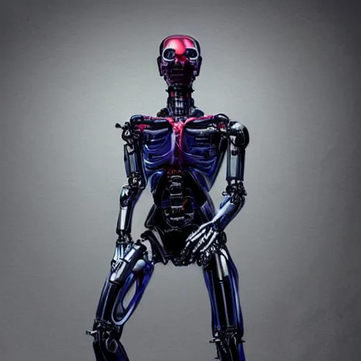 Image similar to “a realistic detailed photo of a guy who is the terminator robot, a cyborg consisting of living tissue over a robotic endoskeleton, who is a male android, Tom Holland, posing like a statue, blank stare”