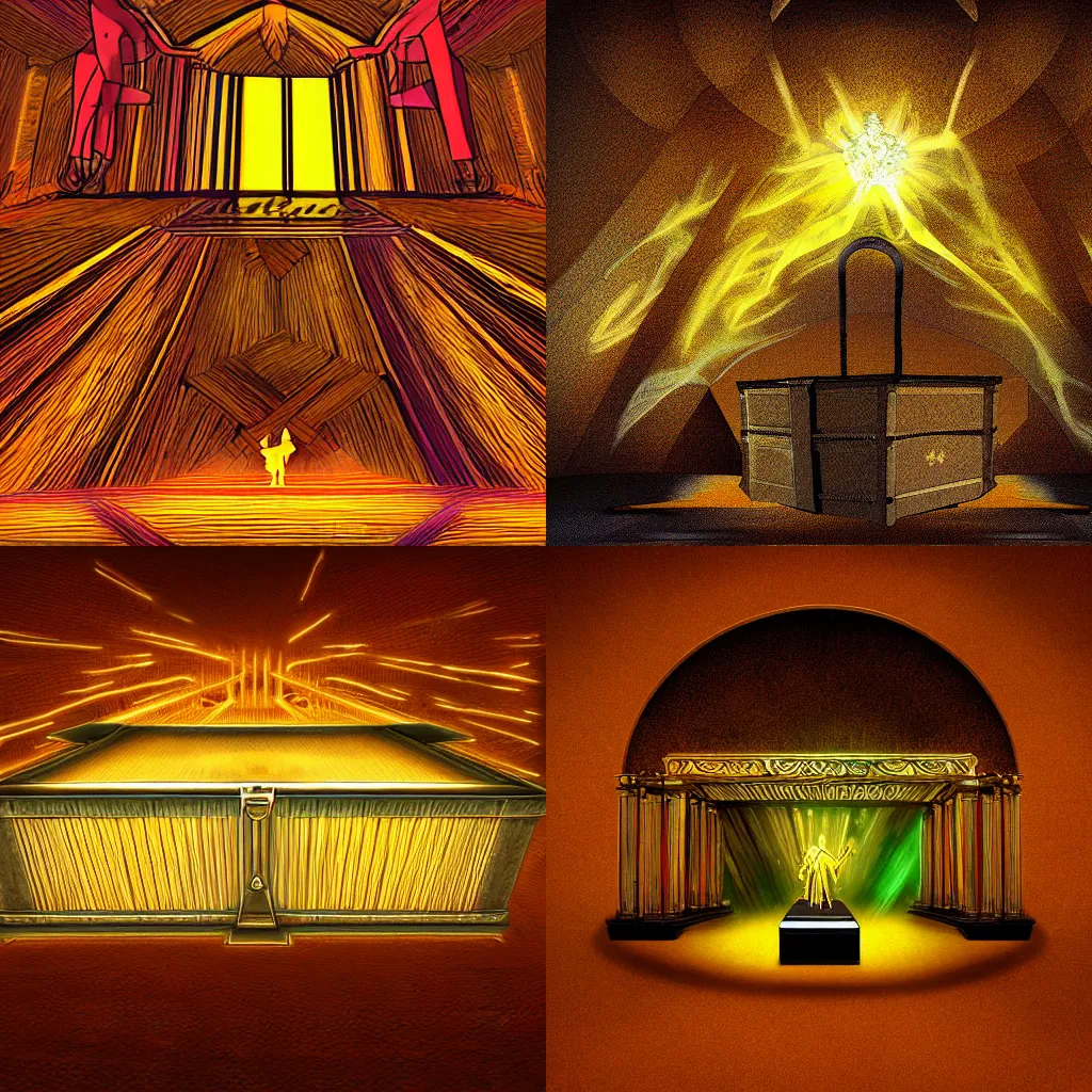 Prompt: Bright aura flows out of the Ark of the Covenant, digital art