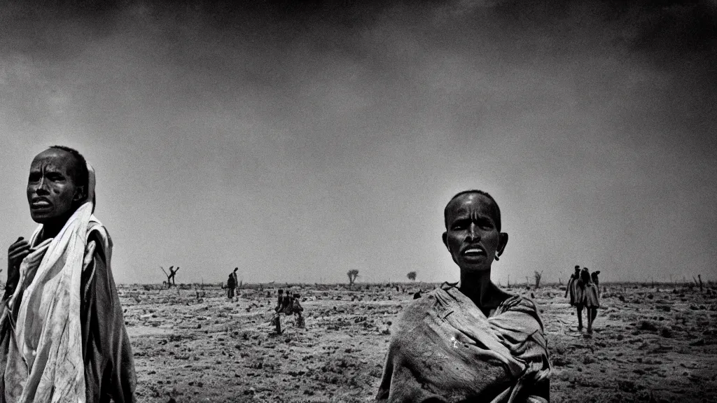 Prompt: 1984 Ethiopian famine and drought, atmospheric, portrait, movie scene, hd, 4k, wide angle