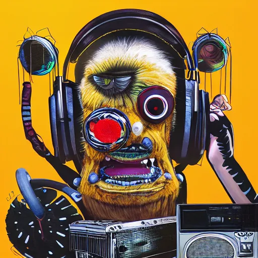 Image similar to a portrait of an anthropomorphic tennis ball monster by sandra chevrier, detailed render, tape deck, boombox, headphones, epic composition, cybernetics, 4 k realistic, cryengine, realistic shaded lighting, sharp focus, masterpiece, by matteo scalera, gary montalbano, peter elson in the style of the tokyo ghost comic