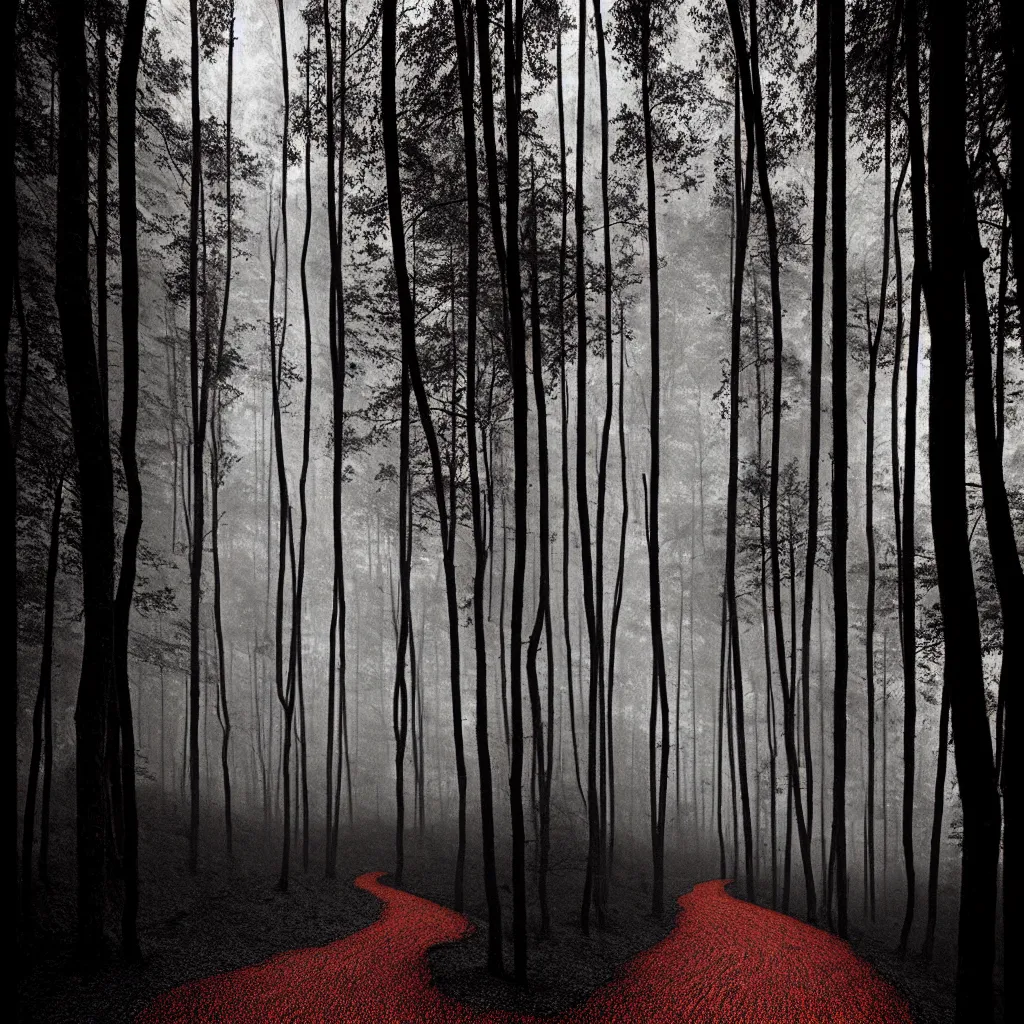 Prompt: forest path by, mads berg, karolis strautniekas, film noir, stippled light, dramatic lighting, editorial illustration, detailed, fine texture, matte print, art deco, brutalism, dark blue + dark orange, red, black, ( ( habitat 6 7 background ) )