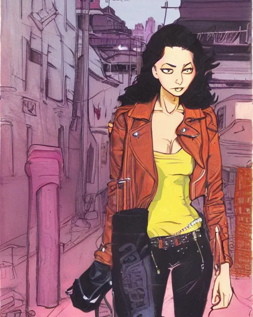 Image similar to young female protagonist in leather jacket, city street, artwork by ralph bakshi