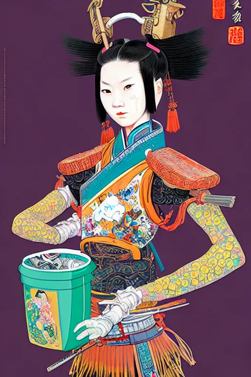 Image similar to full view, from a distance, of anthropomorphic trashcan as a girl warrior from the qing dynasty, full of trash, style of yoshii chie and hikari shimoda and martine johanna, highly detailed