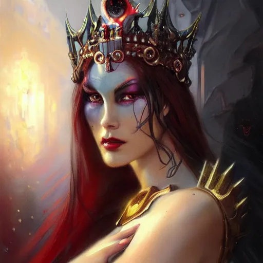 Image similar to attractive female robot demon queen with crown and red eyes, painting by gaston bussiere and luis rollo, close - up portrait, digital painting, highly detailed, artstation, sharp focus, illustration, concept art, hd