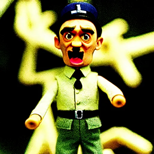 Image similar to claymation hitler as a pokemon by jan svankmajer, hyperrealistic, very detailed, tim burton, 3 5 mm film still, gothic, horror, eldritch