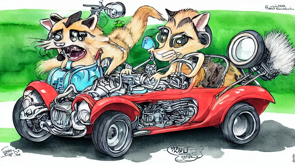 Image similar to cute and funny, racoon riding in a tiny hot rod coupe with oversized engine, ratfink style by ed roth, centered award winning watercolor pen illustration, by chihiro iwasaki, edited by range murata