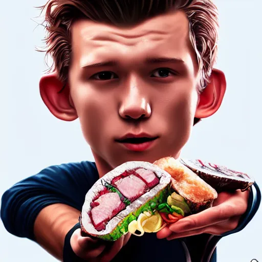 Prompt: tom holland eating spam musubi, digital art, trending on artstation, 8 k, highly detailed