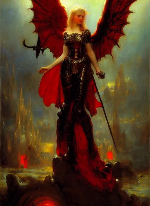 Prompt: angel knight gothic girl in dark and red dragon armor. by gaston bussiere, by rembrandt, 1 6 6 7, artstation trending, blue light, by konstantin razumov