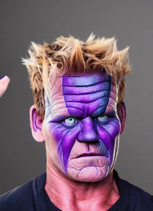 Prompt: high quality portrait photograph of gordon ramsay in cosplay thanos costume, foam, purple face paint, amateur makeup, /r/shittycosplay, /r/cringepics, 3 point lighting, rembrandt triangle