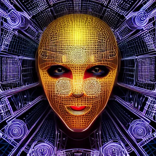 Image similar to an insanely detailed cibernetic artwork of a futuristic artificial intelligence superstar, centered image, perfectly symmetrical face, with frames made of detailed fractals, octsne render, 4k, insanely detailed, detailed grid as background, cgi