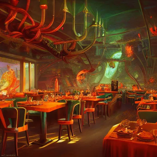 Prompt: The restaurant at the end of the universe, fantasy, vivid colors, elegant, concept art, sharp focus, digital art, Hyper-realistic, 4K, Unreal Engine, Highly Detailed, HD, Dramatic Lighting by Brom, trending on Artstation