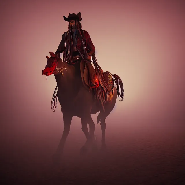 Image similar to a portrait of a bloody mysterious colorful cowboy in a foggy desert, cartoon, unreal engine, octane render, artstation, digital art.