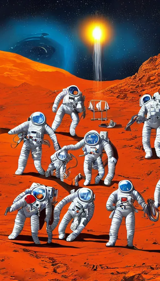 Image similar to movie poster of astronauts mining on mars, highly detailed, large text, bright colours, animated, cuban propaganda style