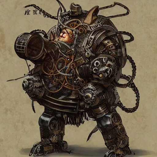 Image similar to portrait of a rampaging ashigaru steampunk - inspired mecha boar, fantasy dungeons and dragons magic the gathering art, of bamboo, laquer and steel by brian froud and greg rutkowski