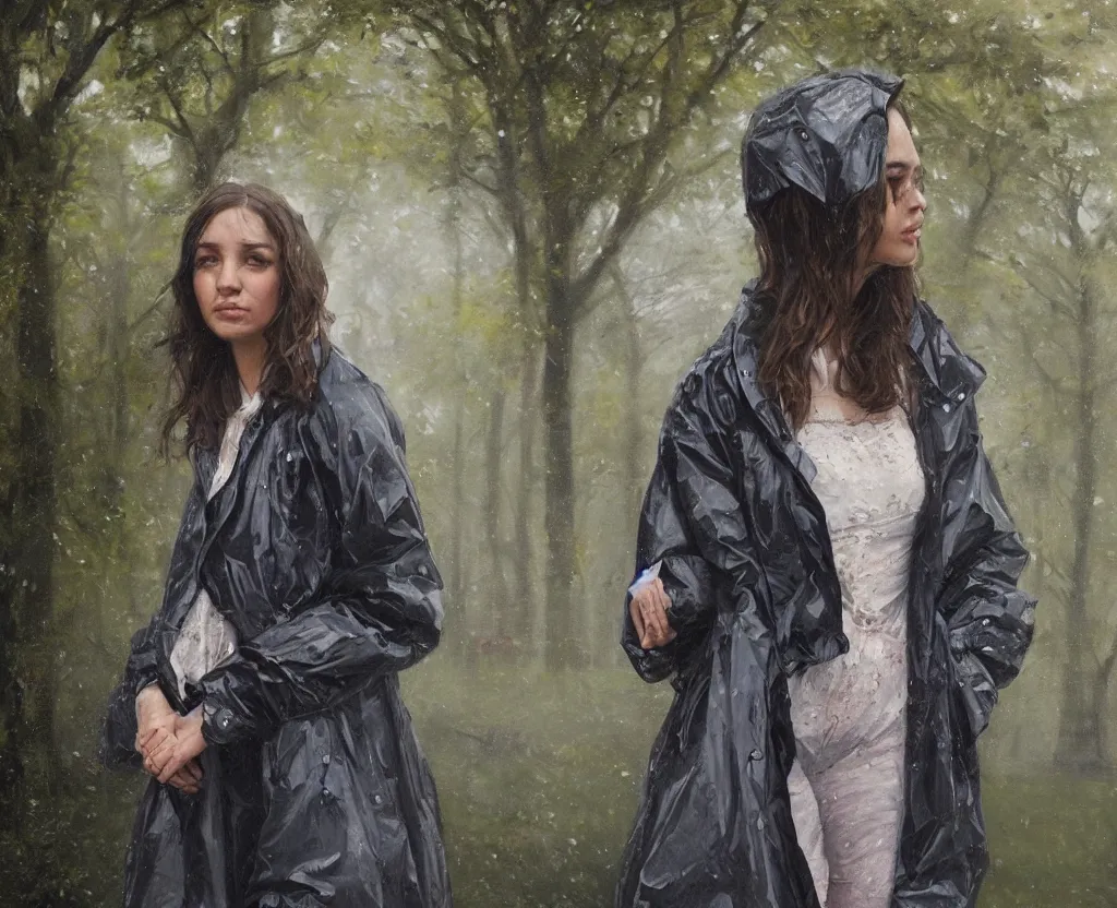 Image similar to a highly detailed beautiful portrait of an exhibitionist in a raincoat in the park, painting by greg rutkowski photo by angelique boissiere art streiber, photorealistic, hyperdetailed, canon eos r 3, cinematic, filmic