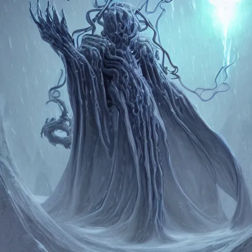 Image similar to concept designs for an end game boss that is an ethereal ghostly wraith like figure with a squid like parasite latched onto its head and long tentacle arms that flow lazily but gracefully at its sides like a cloak while it floats around a frozen rocky tundra in the snow searching for lost souls and that hides amongst the shadows in the trees, this character has hydrokinesis and electrokinesis for the resident evil village video game franchise with inspiration from the franchise Bloodborne