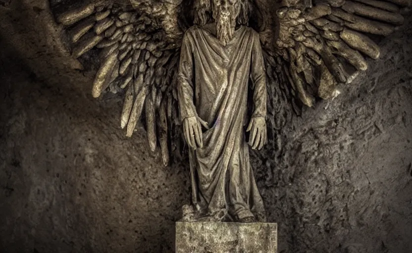 Image similar to decrepit creepy statue of the archangel gabriel staring at the camera, in the middle of a cavernous dark old catacomb, realistic, pitch black, depth of field, wide shot, sinister, bad lighting, foreboding, blurry, grainy photo