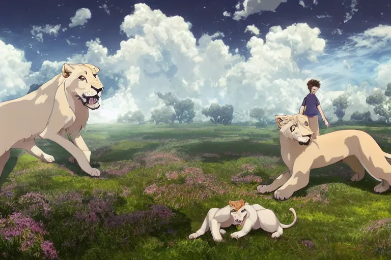 Image similar to a vast scene, panorama distant view, hyper detailed scene render of a boy and white lion, gather in the center of the picture, finely detailed perfect face delicate features directed gaze, in the white clouds fairyland, golden curve structure, animation portrait concept art, trending on pixiv fanbox, violet evergarden, studio ghibli, james jean, extremely high quality artwork