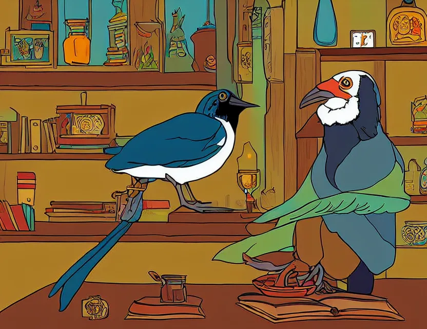 Prompt: magpie in an alchemist's study. this colorful vector art by the beloved children's book illustrator has a beautiful composition, dramatic lighting.