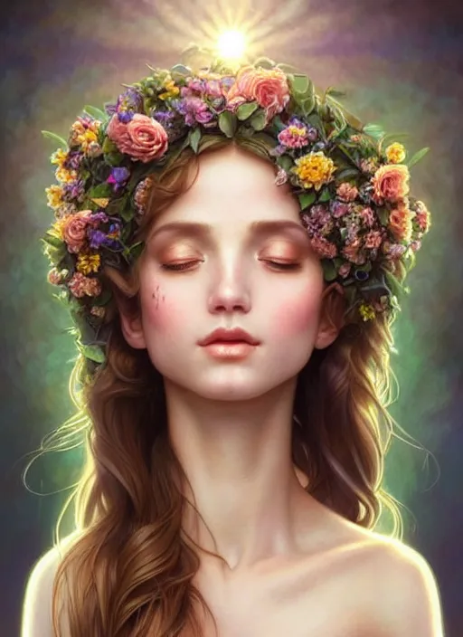 Image similar to perfectly feminine face!! full body portrait of young fairy earth goddess blessed by nature, floral sunlight crown, light brown hair, symmetrical! intricate, sensual features, dewy skin, reflective skin, highly detailed, digital painting, artstation, concept art, smooth, sharp focus, soft lighting, illustration, art by artgerm and greg rutkowski and alphonse mucha