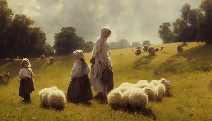 Image similar to simple amish shepherd and children with flocks of sheep in open fields, art by anders zorn, wonderful masterpiece by greg rutkowski, beautiful cinematic light, american romanticism thomas lawrence, greg rutkowski