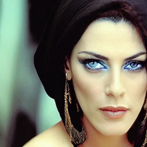 Image similar to Monica Belluci as an Arab woman, blue eyes