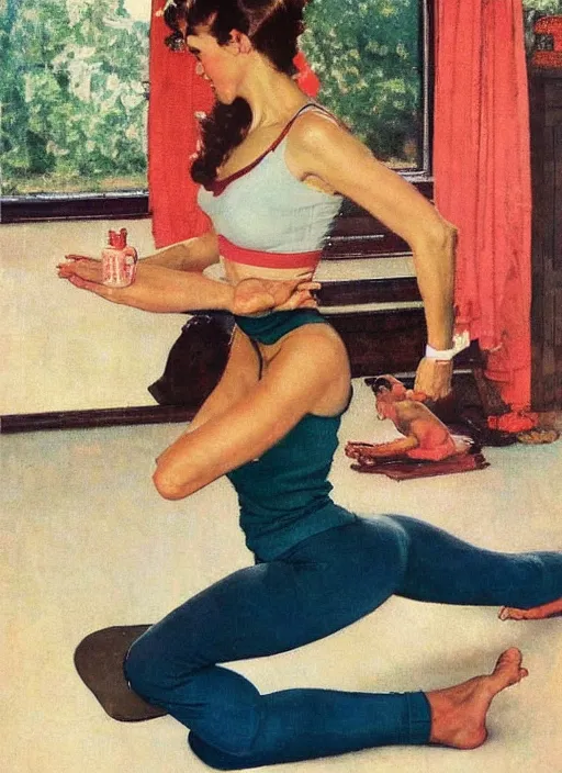 Image similar to a pin up girl doing yoga by norman rockwell and edward hopper