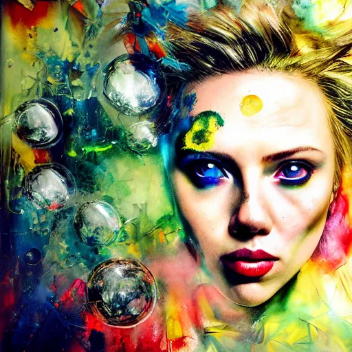 Image similar to drunken scarlett johansson as delirium from sandman, one green eye and one blue eye, hallucinating colorful soap bubbles, by jeremy mann, by sandra chevrier, by dave mckean and richard avedon and maciej kuciara, 1 9 8 0's, punk rock, tank girl, high detailed, 8 k