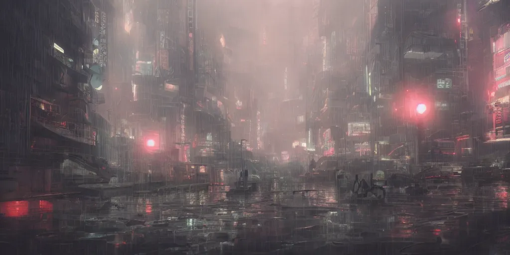 Image similar to ghostpunk futuristic japan city view by eddie mendoza and greg rutkowsi, orange glow, rain, foggy, dark, moody, volumetric lighting, dirty