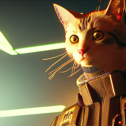 Image similar to cat in cyberpunk 2 0 7 7 8 k hyperdetailed photorealism hdr unreal engine 5 extremely high level of detail