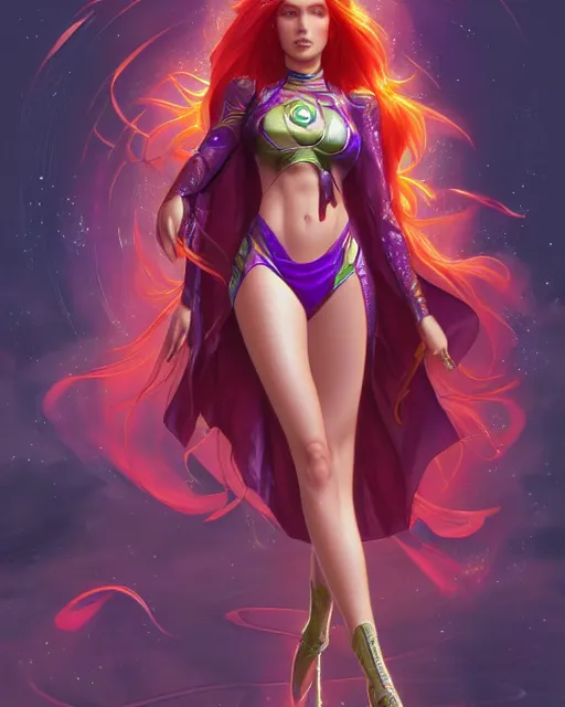 Image similar to ultra realistic illustration, bella thorne as starfire anime, intricate, elegant, highly detailed, digital painting, artstation, concept art, smooth, sharp focus, illustration, art by artgerm and greg rutkowski and alphonse mucha and wlop