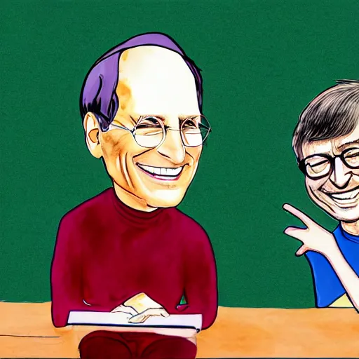 Prompt: Steve Jobs and Bill Gates laughing at an interview, sketch art