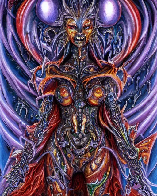 Image similar to silver mechanical charred bloody fleshmetal cyborg daemonhost woman psychedelic flamer of tzeentch with extra arms, blue and green rainbow fire, by antonio j. manzanedo, alex grey, android jones, wayne barlowe, philippe druillet, josephine wall, harumi hironaka, cronenburg, trending on artstation